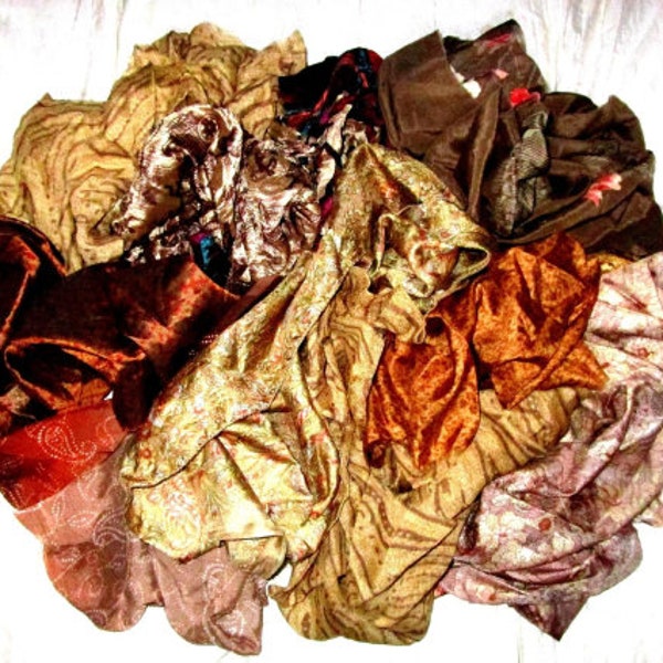 Sari Silk  Lot Vintage Sari Fabric Material Remnant Brown Low Maintenance
