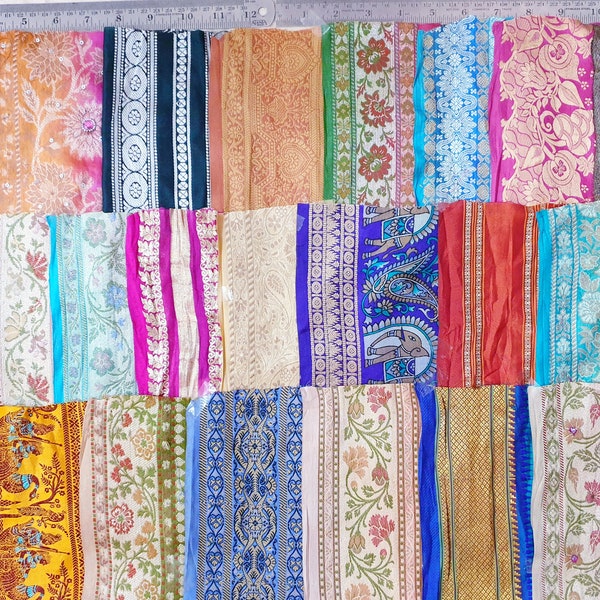 25 pieces RARE Antique Vintage Sari Silk Trim Lace Lot Ribbon Sari Edge doll Art Craft Scrapbook Borders Home Decor India Bagno DS92