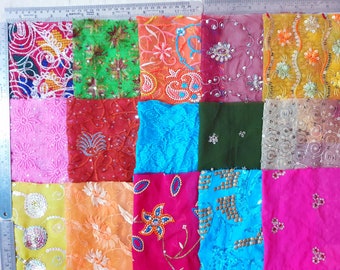 Vintage Beaded Sari Fabric Swatches, Embroidered Dupatta Textile Squares, Colorful Patchwork Craft Sewing Quilt Lot