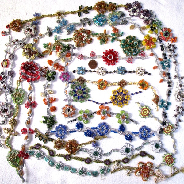 Sari Trim Lace Ribbon Border GLASS BEADS Vintage Muy RARE lote Antiguo 20 Pc 5" a 8" Art Craft Scrapbook Decor India Journal cinta SM58