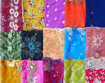 Sari Silk Fabric Remnant Embroidered 15 Pieces Sewing Craft Home Decor Scrapbook Material Quilting Project Art Doll Get What you see DUP4