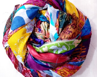 US 42 yards Unstitched Pure Silk Sari Random Ribbon Yarn tassels SKEINS Bright Mixed Shades Journal Scrapbook Craft Project strips India