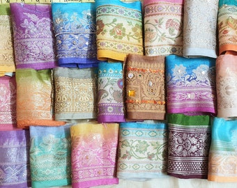 25 pieces RARE Antique Vintage Sari Silk Trim Lace Lot Ribbon Sari Edge doll Art Craft Scrapbook Borders Home Decor India Bagno DS34