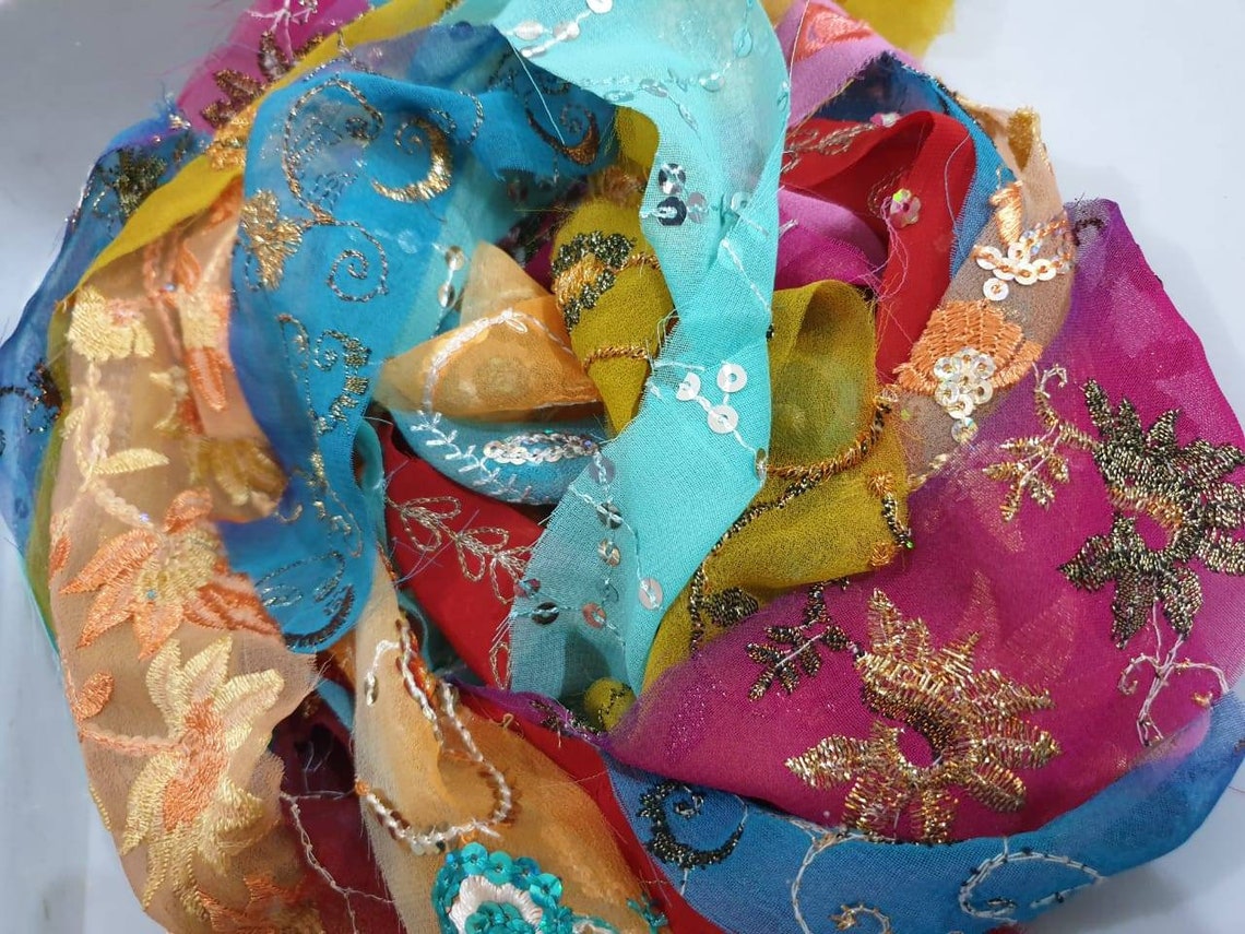Silk Sari Fabric Embroidered Strips Ribbon 10 STRIPS 10 Yards Etsy