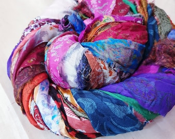 6 yo 42 yards Unstitched Art Silk Sari Ribbon Yarn tassels SKEINS BRIGHT Shades Journal Scrapbook Craft Project strips India DS28