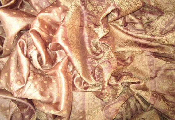 100% Pure Vintage Sari Pure Silk Fabric Woven BEA… - image 2