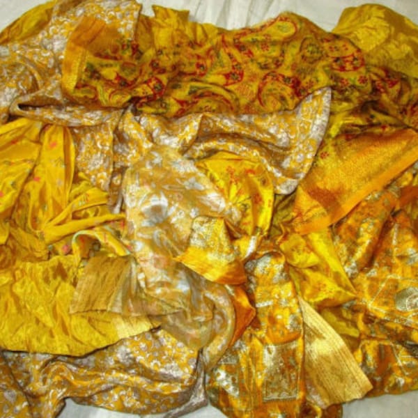 Sari Silk  Lot Vintage Sari Fabric Material Remnant Golden Low Maintenance