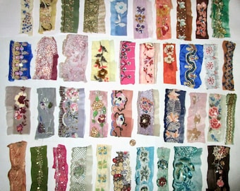 RARE lot Antique Vintage Sari Trim Lace Ribbon 25 Pc GLASS BEADS sequins dolls Art Craft Scrapbook Borders HomeDecor India Journal ribbon