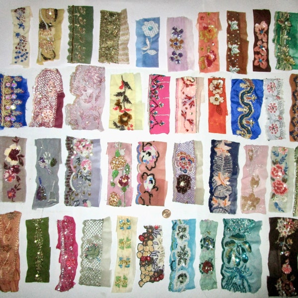 RARE lot Antique Vintage Sari Trim Lace Ribbon 25 Pc GLASS BEADS sequins dolls Art Craft Scrapbook Borders HomeDecor India Journal ribbon