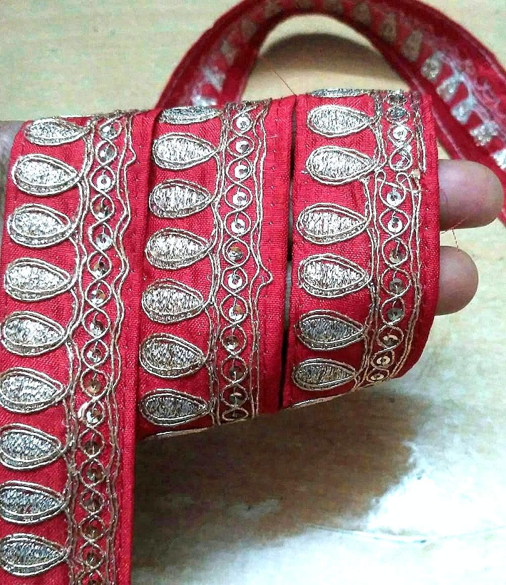 Indian Vintage Red Saree Border Hand Embroidered Ari Work Craft Trim Lace Sewing American Georgette Ribbon Recycled Sari Border Zari