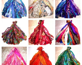 Sari Silk Yarn Fabric Tassels Ribbon Set of 9 Colors 50 STRANDS EACH 8" Long Strips LOT Vintage Journal Scrapbook Decor India Journal DS121