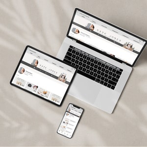 May include: A mockup of a laptop, tablet, and smartphone displaying a website with the text "KATE JONES - FASHION & STYLE BLOG" on the header. The website features a blog post with a photo of a woman and a grid of product images.