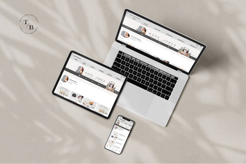 May include: A mockup of a laptop, tablet, and smartphone displaying a website with the text "KATE JONES - FASHION & STYLE BLOG" on the header. The website features a blog post with a photo of a woman and a grid of product images.