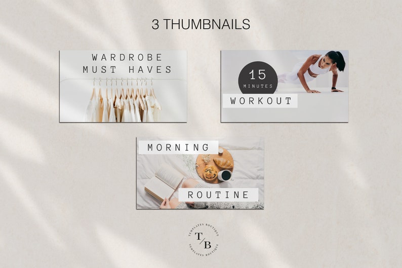 May include: Three Instagram story thumbnails with white text on a white background. The first thumbnail shows a rack of white clothing with the text "WARDROBE MUST HAVES". The second thumbnail shows a woman doing a push-up with the text "15 MINUTES WORKOUT". The third thumbnail shows a book, a cup of coffee, and a croissant on a bed with the text "MORNING ROUTINE".