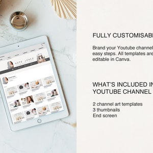 May include: A tablet screen displaying a YouTube channel page with a channel art template, thumbnails, and end screen. The channel art template features a woman's face and the text "KATE JONES".