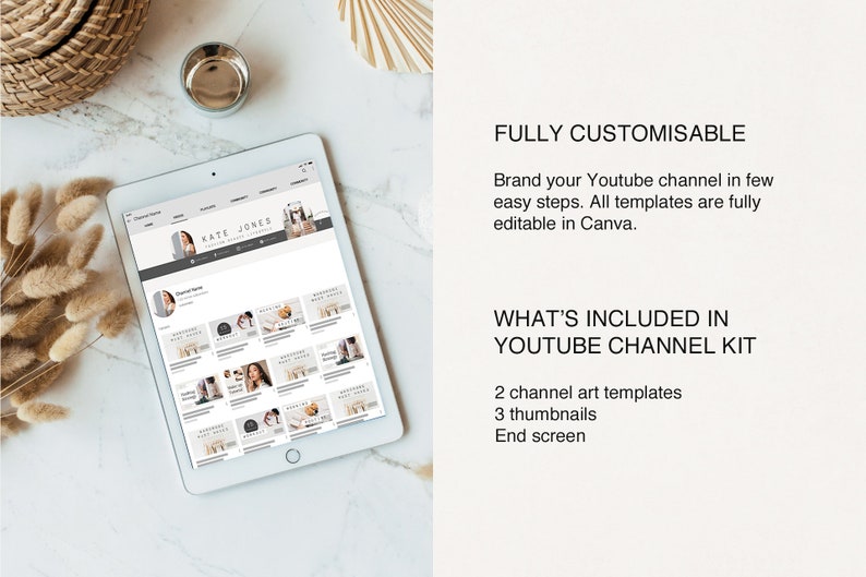 May include: A tablet screen displaying a YouTube channel page with a channel art template, thumbnails, and end screen. The channel art template features a woman's face and the text "KATE JONES".