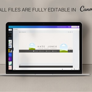 May include: A laptop screen displaying a Canva design template for a social media banner. The banner features a minimalist design with a green landscape, clouds, and the text "KATE JONES FASHION BEAUTY LIFESTYLE".