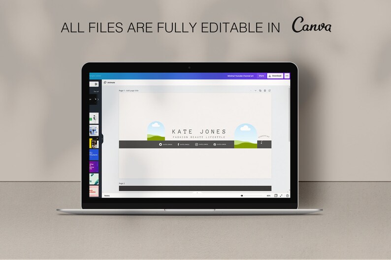 May include: A laptop screen displaying a Canva design template for a social media banner. The banner features a minimalist design with a green landscape, clouds, and the text "KATE JONES FASHION BEAUTY LIFESTYLE".