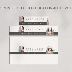 May include: A set of three social media banner templates featuring a woman in a white dress and a gray background. The text on the banners reads "KATE JONES FASHION BEAUTY LIFESTYLE".