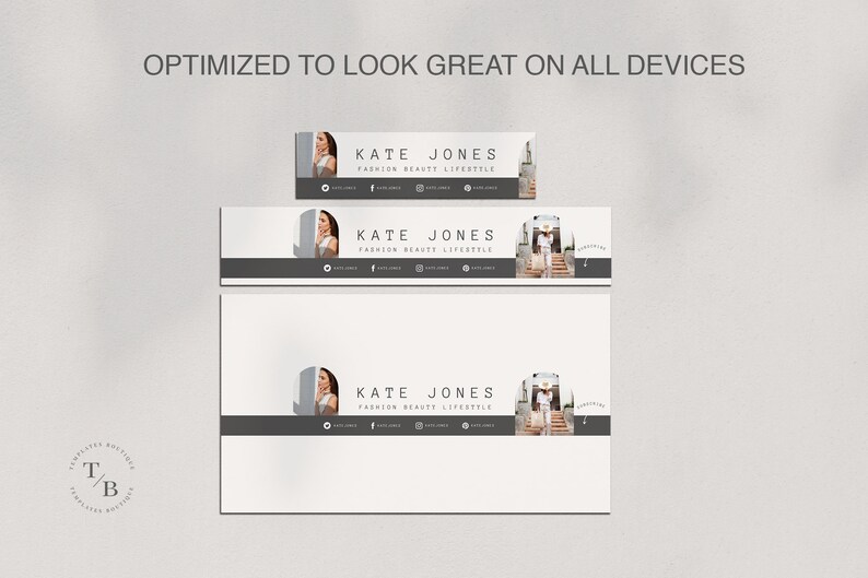 May include: A set of three social media banner templates featuring a woman in a white dress and a gray background. The text on the banners reads "KATE JONES FASHION BEAUTY LIFESTYLE".