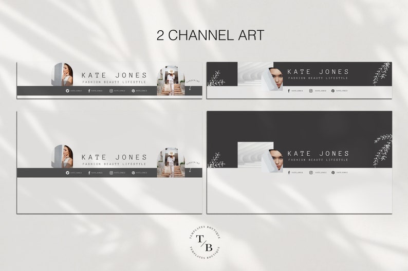 May include: Two channel art templates for social media featuring a woman's face, a white building, and white floral accents. The text "KATE JONES FASHION BEAUTY LIFESTYLE" is displayed on both templates.