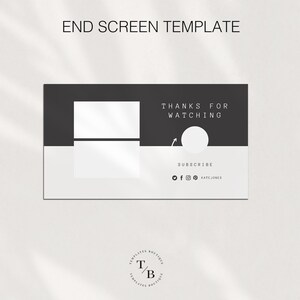 May include: Black and white end screen template for YouTube videos. The template features two placeholders for images, a text box that says "Thanks for watching", a circle with an arrow pointing to it, and a section for social media links.