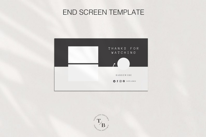 May include: Black and white end screen template for YouTube videos. The template features two placeholders for images, a text box that says "Thanks for watching", a circle with an arrow pointing to it, and a section for social media links.