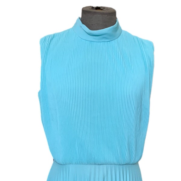 VTG 60s Mini Dress Womens M Blue Pleated Mock Neck MOD MCM Gogo