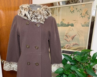 Small 1950s Brown Wool Coat with Blonde Curly Lamb Trim, Swing Coat, Princess Coat