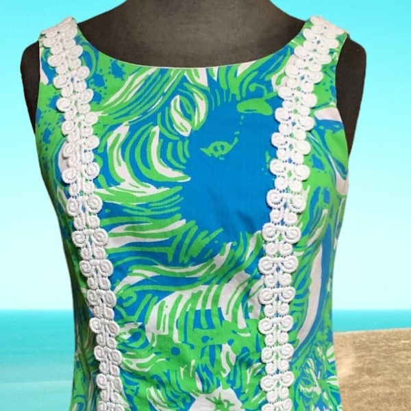 Lilly Pulitzer Shift Dress Sz 4 Liz Limeade Roar Of The Jungle Lace Detail