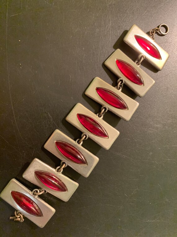 Pewter Bracelet with Red Gemstones - 1960s Modern… - image 1