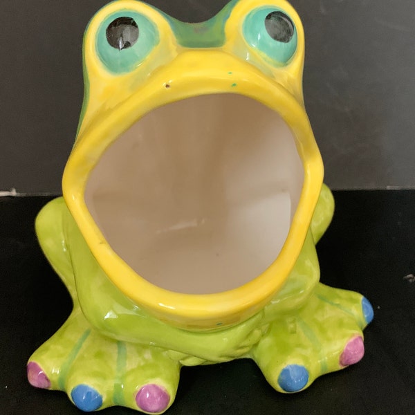 Ceramic Frog Scrubby Sponge Holder Green Yellow Kitchen Kitschy Big Mouth