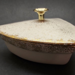 Vintage Retro California Pottery CANDY DISH with Lid White Gold Speckle