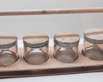 Vintage Storage Containers Glass Jars with Lids and Wood Holder Caddy