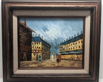 Oil Canvas Painting -  Cityscape Street Scene - Signed ROBERT - Wood Frame 16 x 14