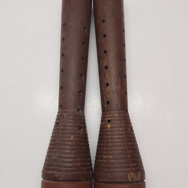 Antique 12” Wood BEEHIVE BOBBINS Industrial Textile Thread Spools w Plastic Caps