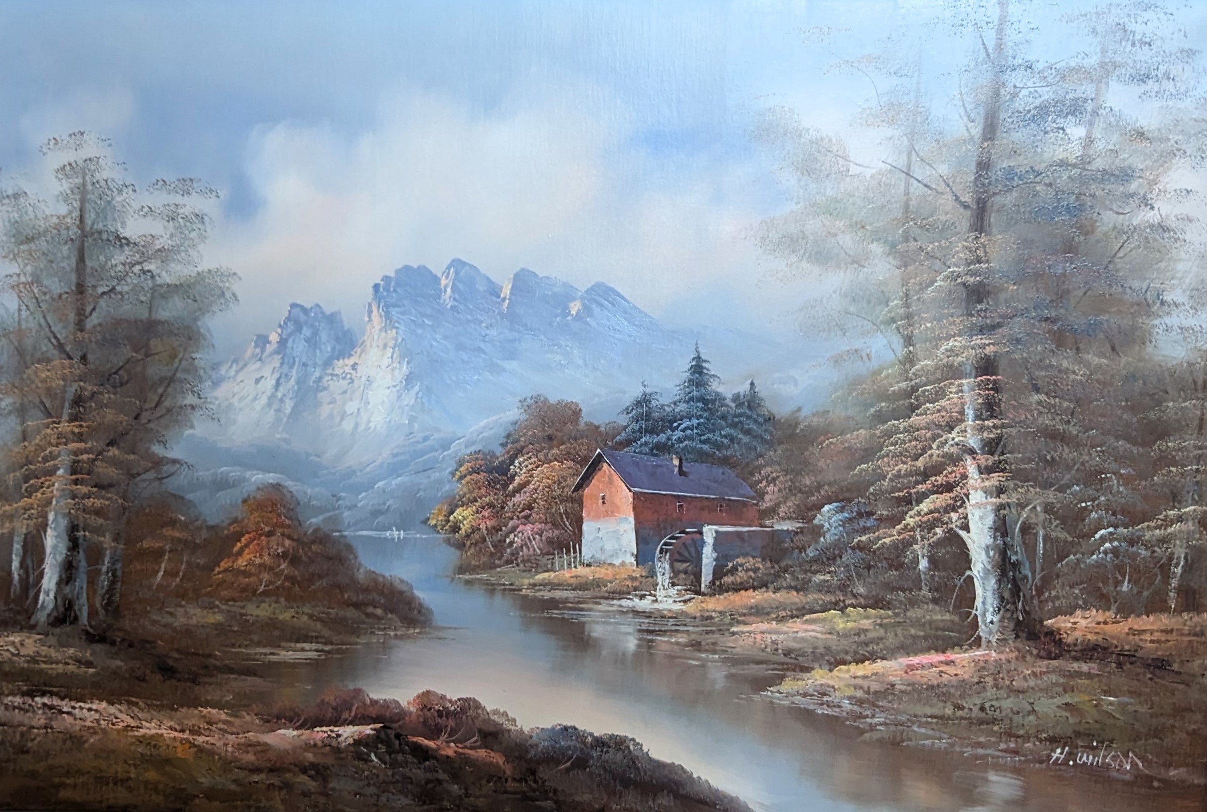 新版 Wilson H Large Oil River Mountain Mill - Painting Canvas 絵画