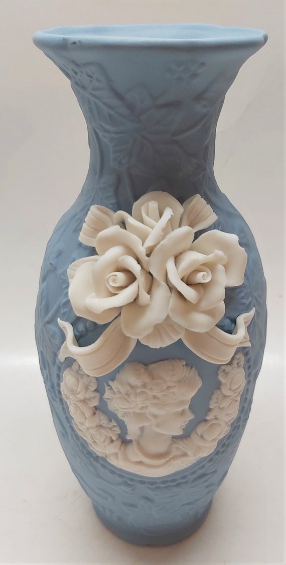 Vintage Porcelain Blue Jasperware Cameo Flowers Ribbon Vase 8.5" Tall