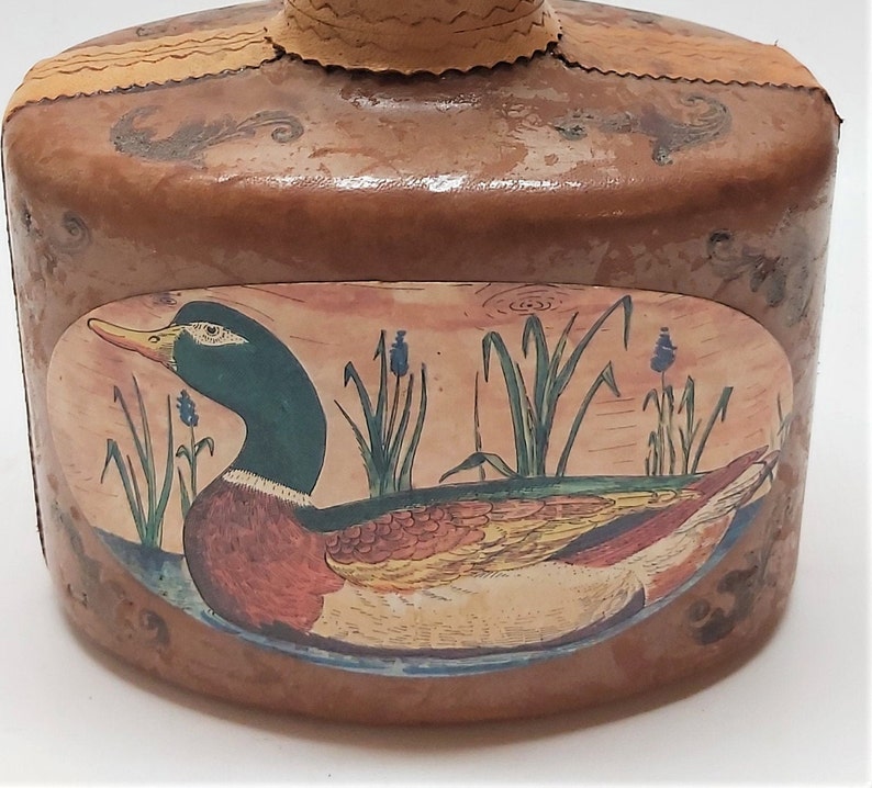 Vintage Italy Leather Wrapped Liquor Glass Decanter Bottle Duck Decorated