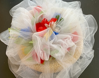 Straw Hat Beige With Flower Lace Tulle Vintage Hat