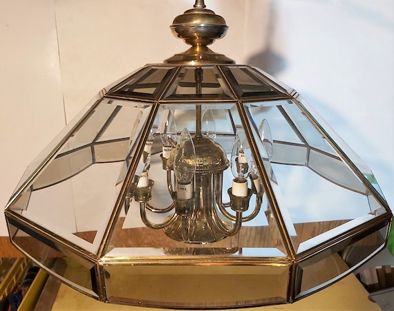 Vintage Octagon Beveled Glass and Brass Large Hanging Chandelier 8