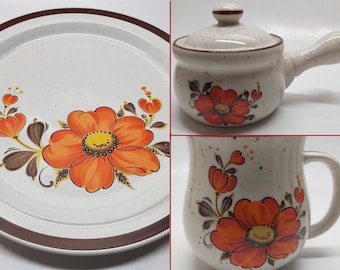 Various Vintage 1970s Japan Valencia Stoneware - Mugs - Dinner Plates - Soup Bowls - Flower Power Orange Poppies