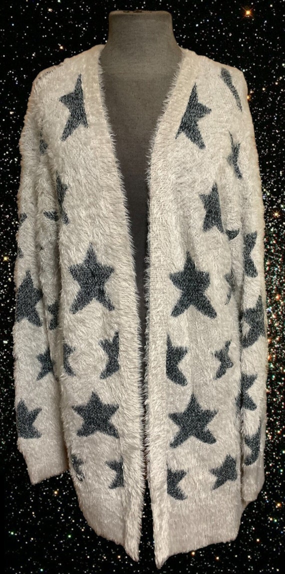 American Eagle Gray Fuzzy with Stars Long Cardigan