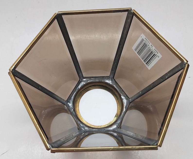 Amber Glass Gold Metal Hexagon Lamp Light Shade 3 9/16 Fitter New Old Stock image 3