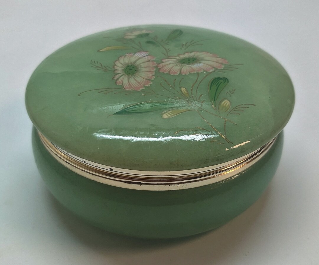 Vintage Round Green Alabaster Jewelry Trinket Box Etsy