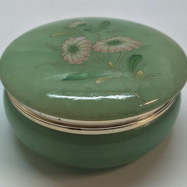 Vintage Round Green Alabaster Jewelry Trinket Box