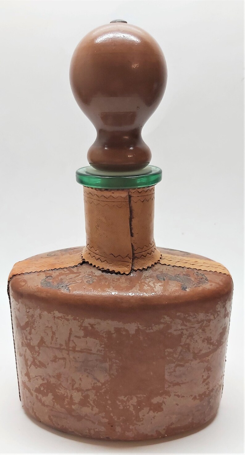 Vintage Italy Leather Wrapped Liquor Glass Decanter Bottle Duck Decorated