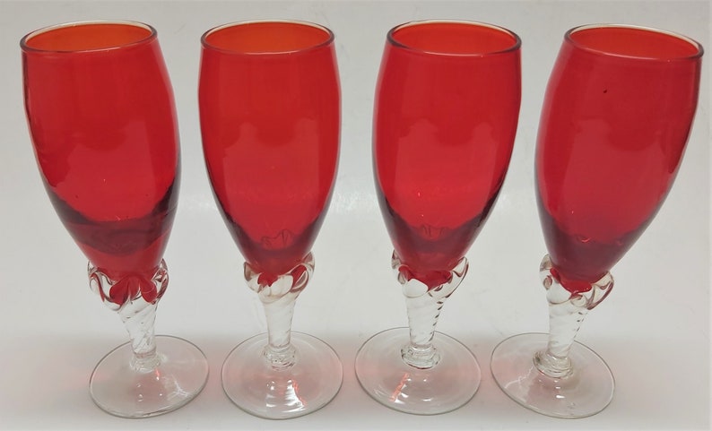 4 Vintage Clear Petal Stem Sherry Red Glasses image 1