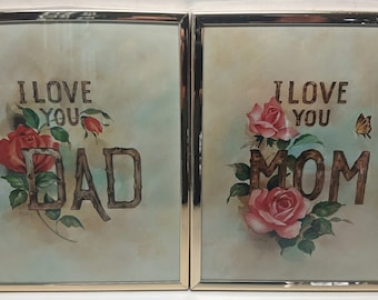 Vintage Gold Colored Framed I Love You Mom Dad  Wall Art Picture Print 10 x 8