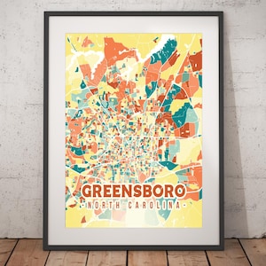 Greensboro Colorful Map Print - Unframed, Greensboro Wall Art, Wall Art Print, North Carolina Print